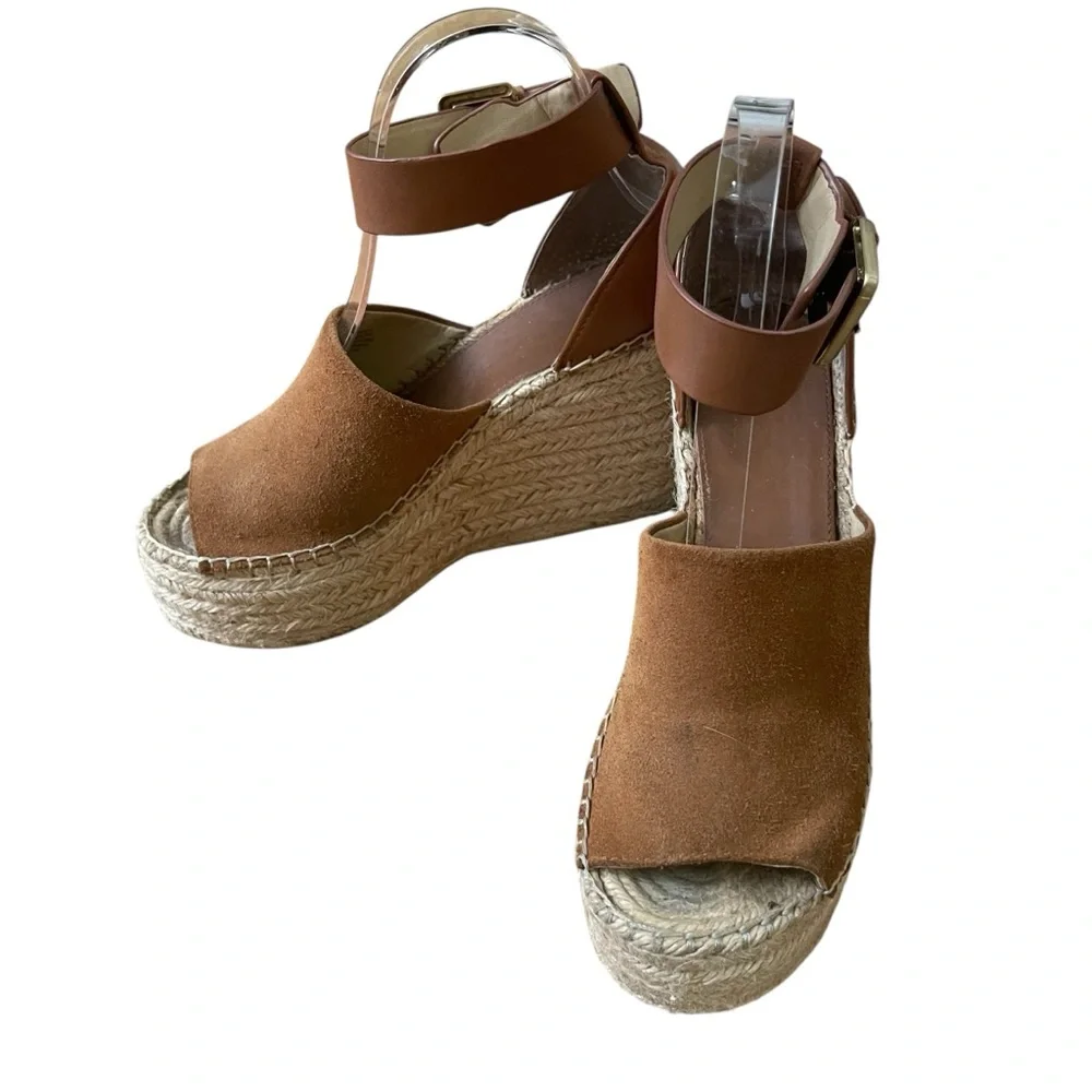 Marc Fisher Mladalyn Suede Brown Wedge Platform Espadrilles with Ankle Strap 6.5